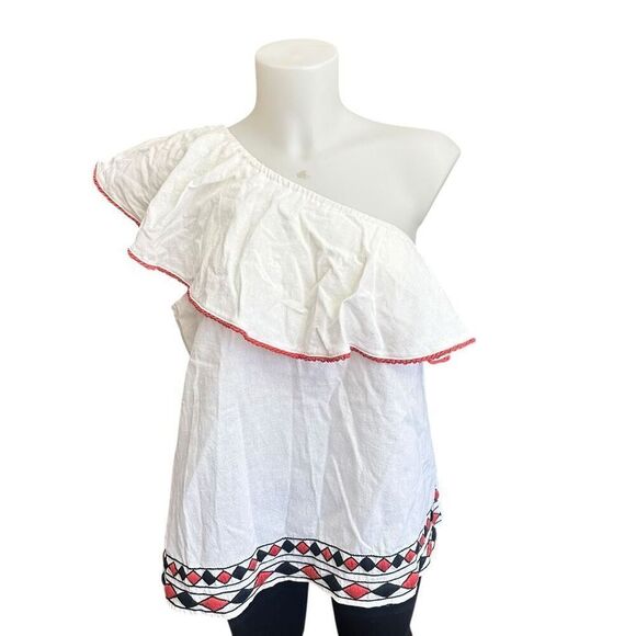 Piper by Townsen‎ White One Shoulder Ruffled Top Size Medium embroidered trim - Picture 1 of 10
